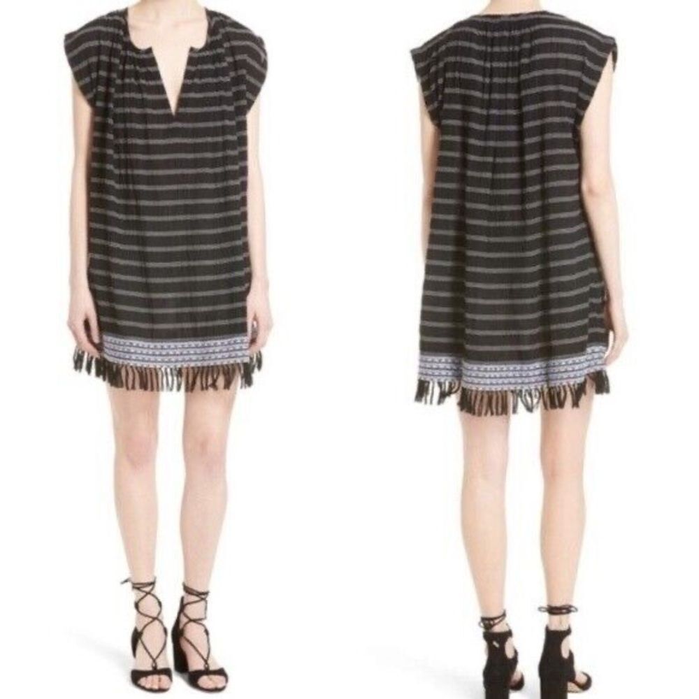 Soft Joie Santalina Split Neck Fringe Hem Tunic Dress Black Sz XS Boho